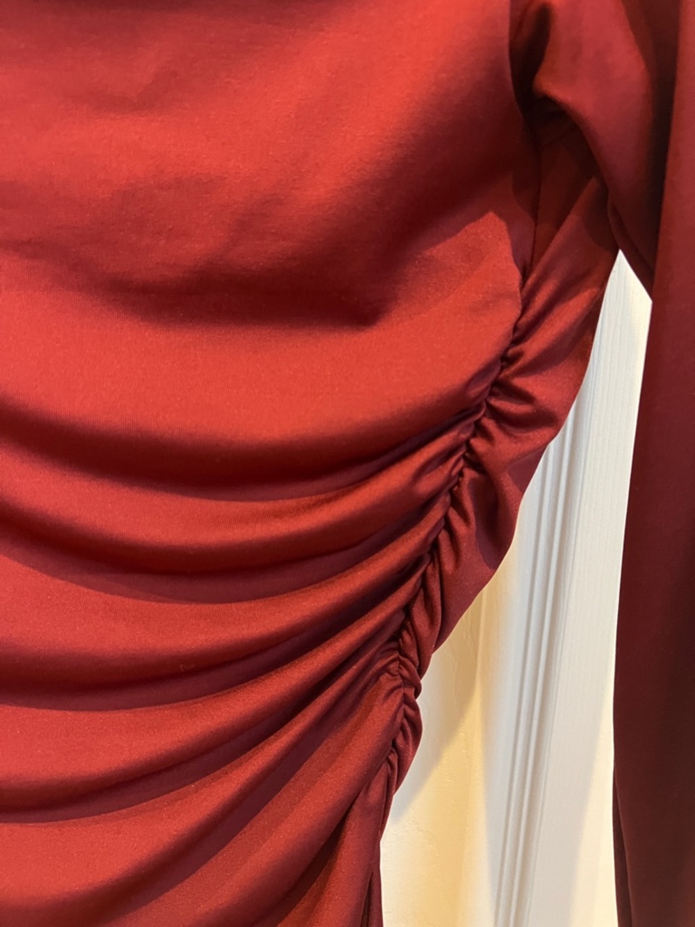 Off-Shoulder Ruched Long-Sleeve Bodysuit in Burgundy - Picture 2 of 3